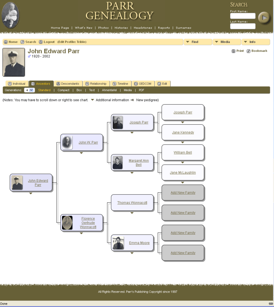 example of pedigree chart from inside the Parr Genealogy database